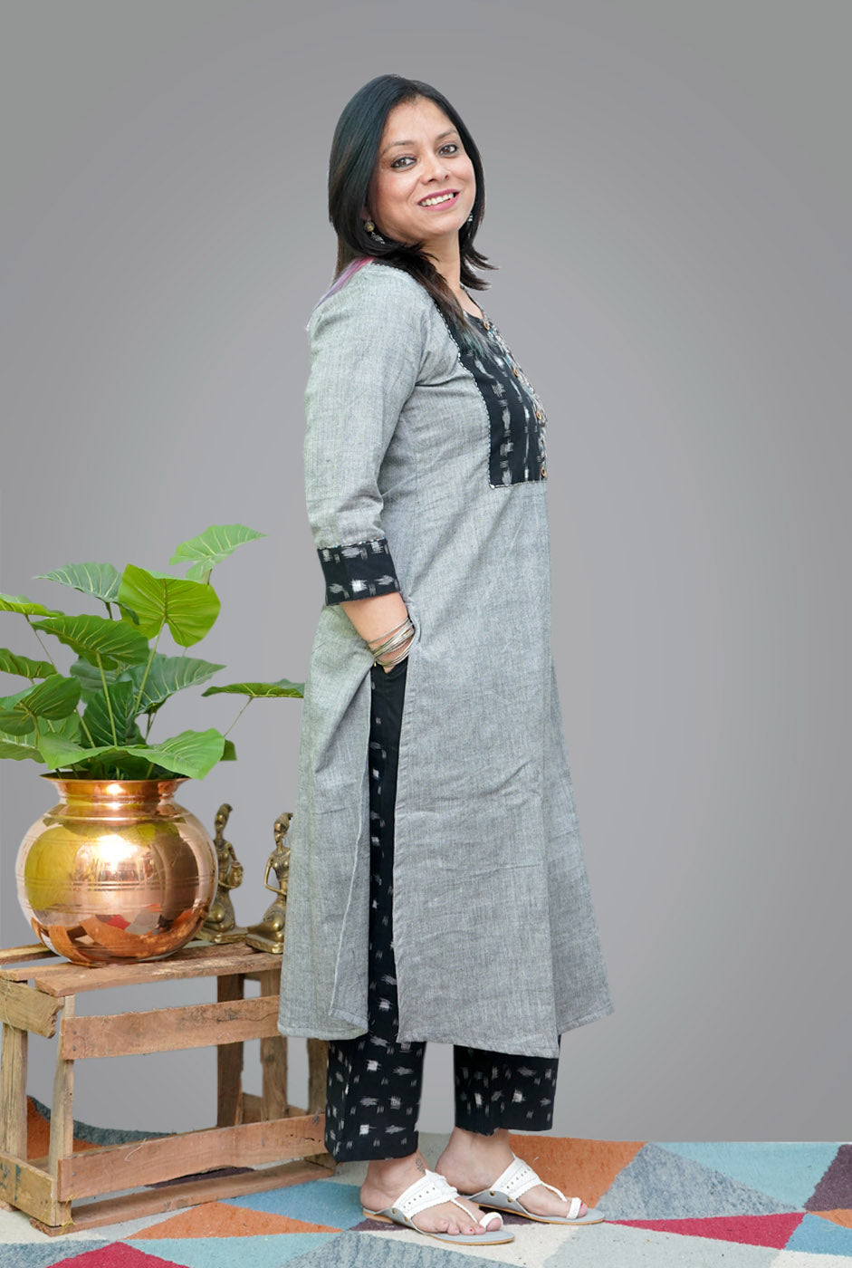 Grey Kurti with Double Ikat & Kalamkari Yoke