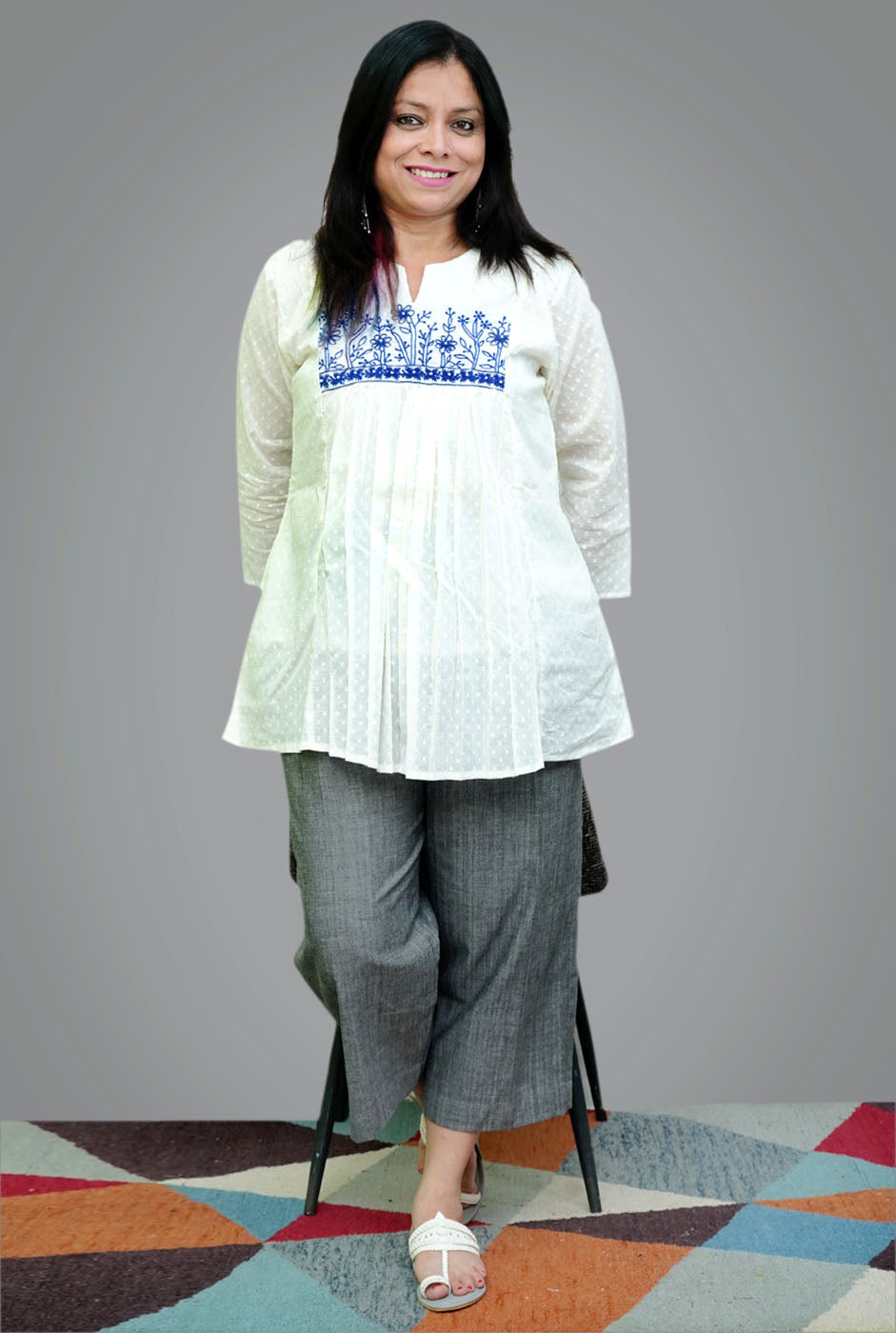 White Dobi Cotton Short Top/Kurti With Hand Work