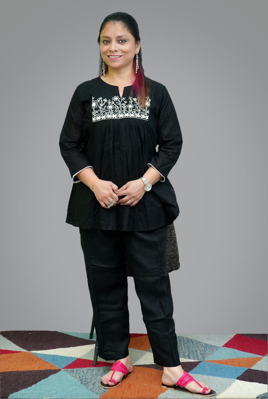 Black Dobi Cotton Short Top/Kurti With Hand Work
