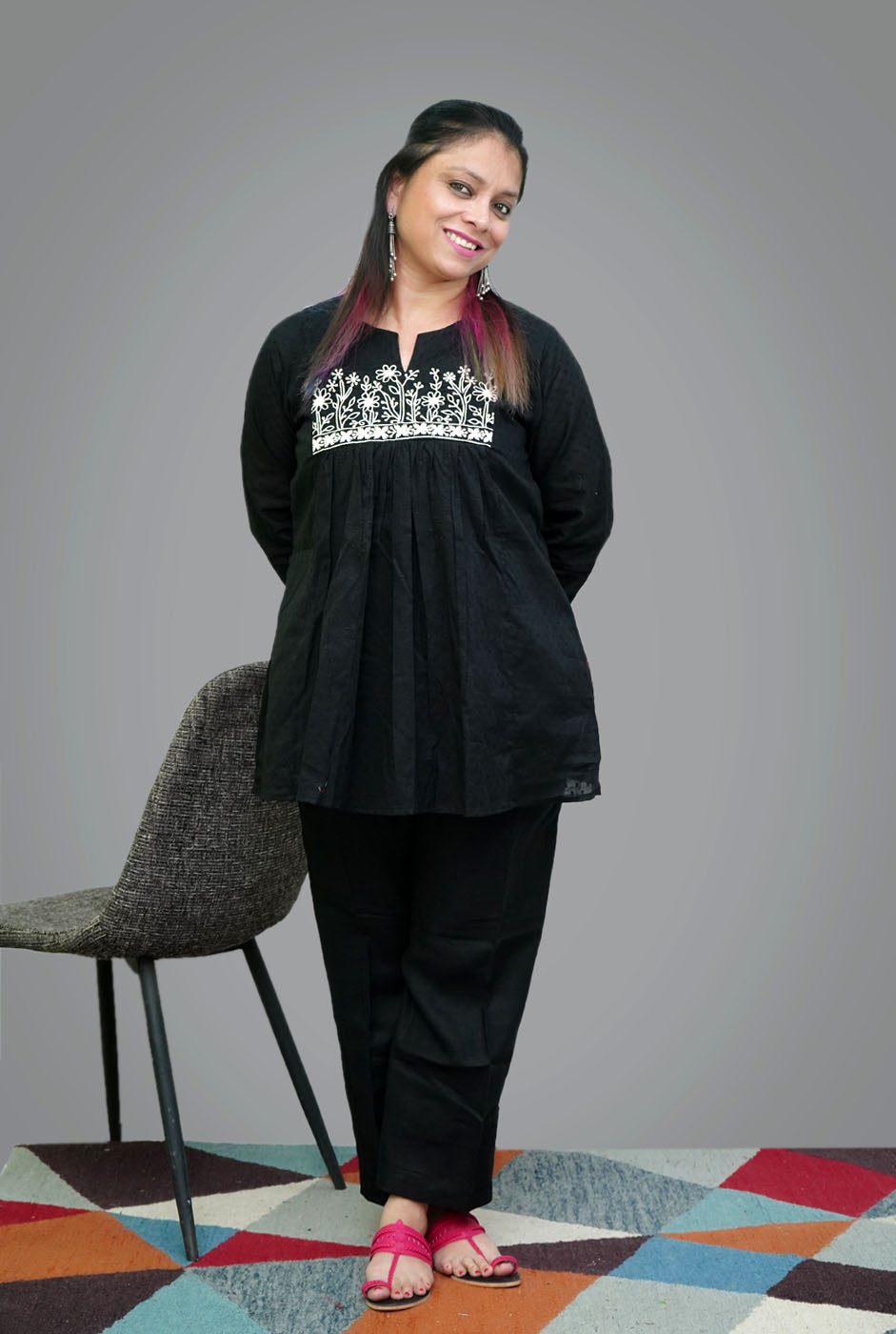 Black Dobi Cotton Short Top/Kurti With Hand Work