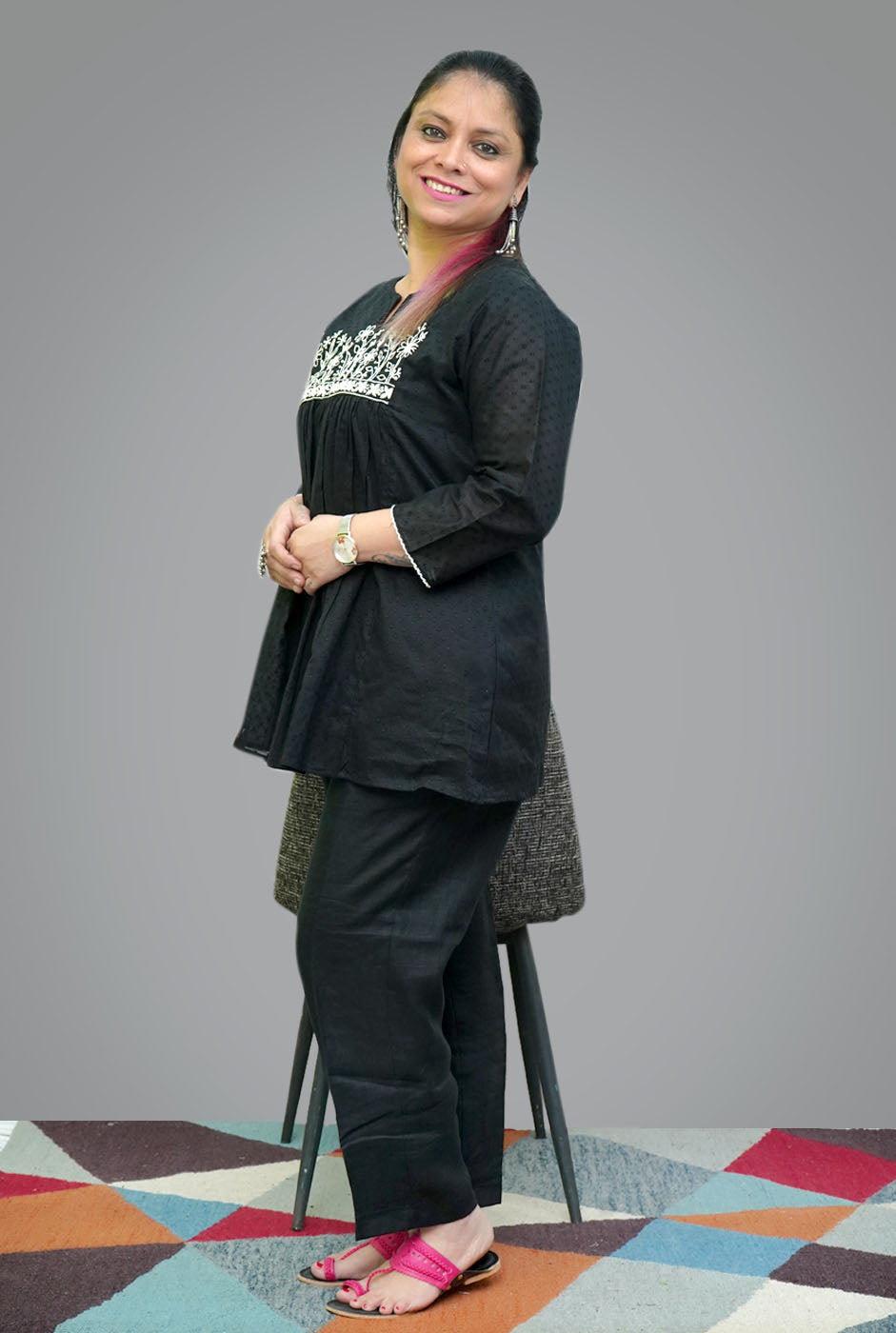 Black Dobi Cotton Short Top/Kurti With Hand Work