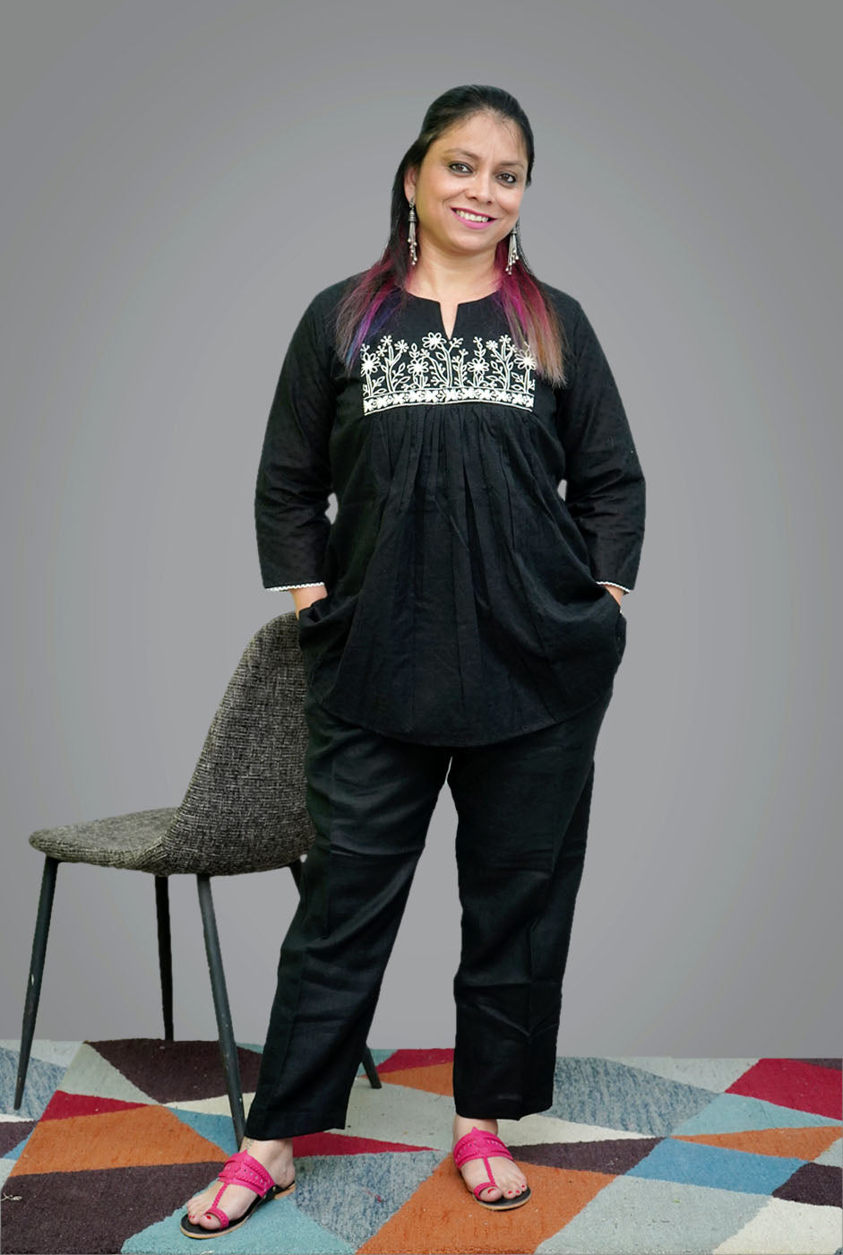 Black Dobi Cotton Short Top/Kurti With Hand Work