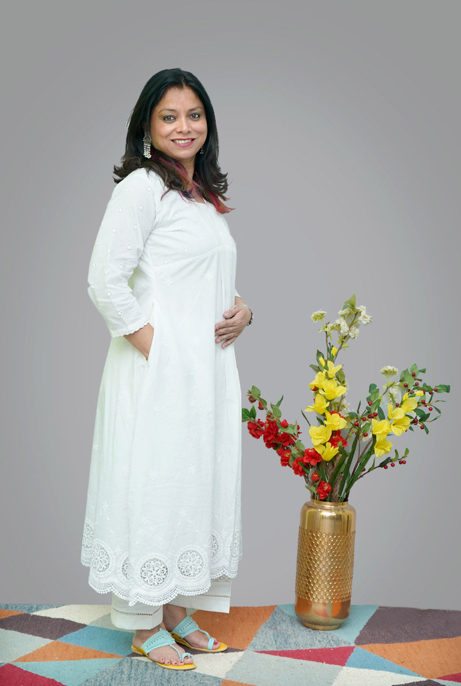 White Mul Chikankari Kurti with Lining