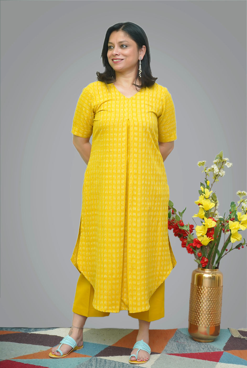 Yellow Ochre Color Ikat Kurti With Pleat Detailing
