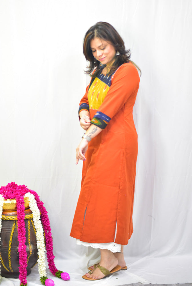 Straight Cut Orange Kurti With Yoke