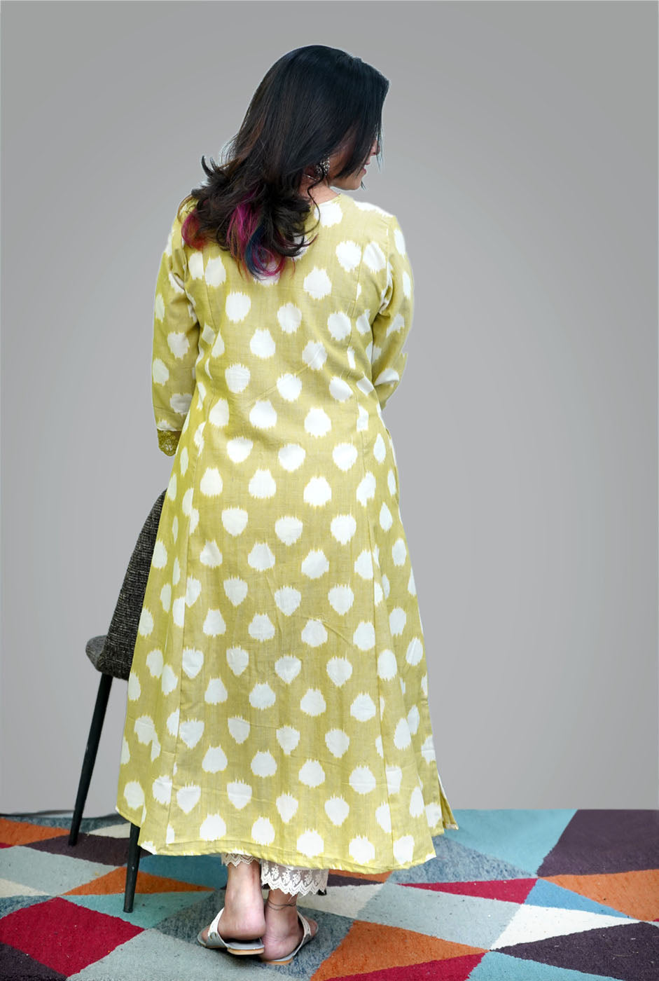Fresh Green Color Exclusive Ikat Kurti with Lace Detailing