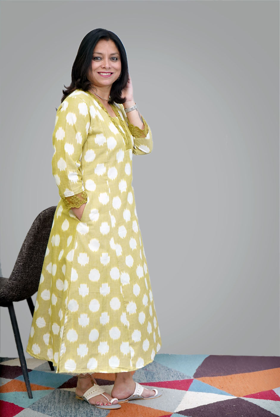 Fresh Green Color Exclusive Ikat Kurti with Lace Detailing