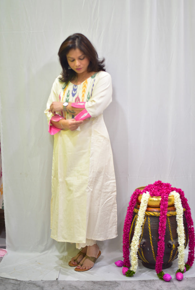 A-line Handloom Cotton Kurti/ Dress With Exclusive Ikat Yoke