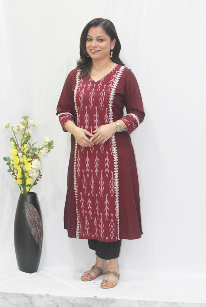 Maroon Ikat Paneled Kurta