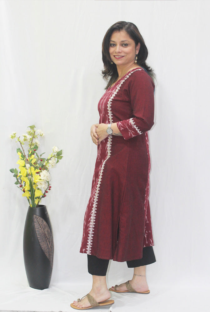 Maroon Ikat Paneled Kurta