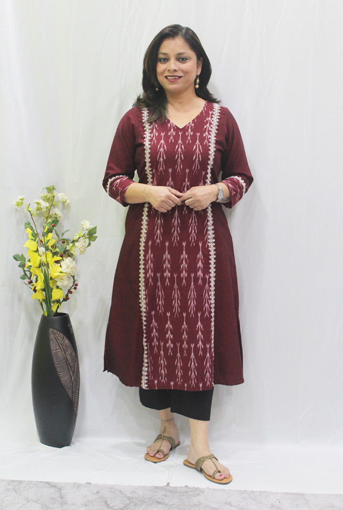 Maroon Ikat Paneled Kurta