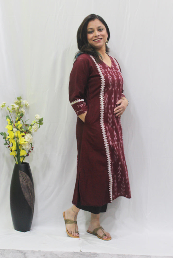 Maroon Ikat Paneled Kurta