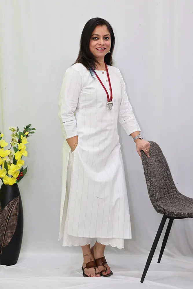 White Cotton Stripe Linen Kurti