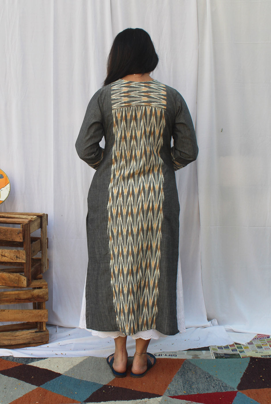 Grey Premium Handloom kurti With Exclusive Ikat Panel