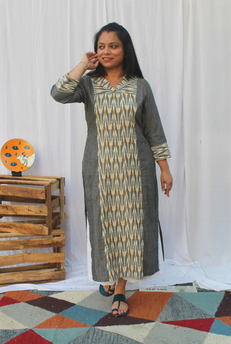 Grey Premium Handloom kurti With Exclusive Ikat Panel