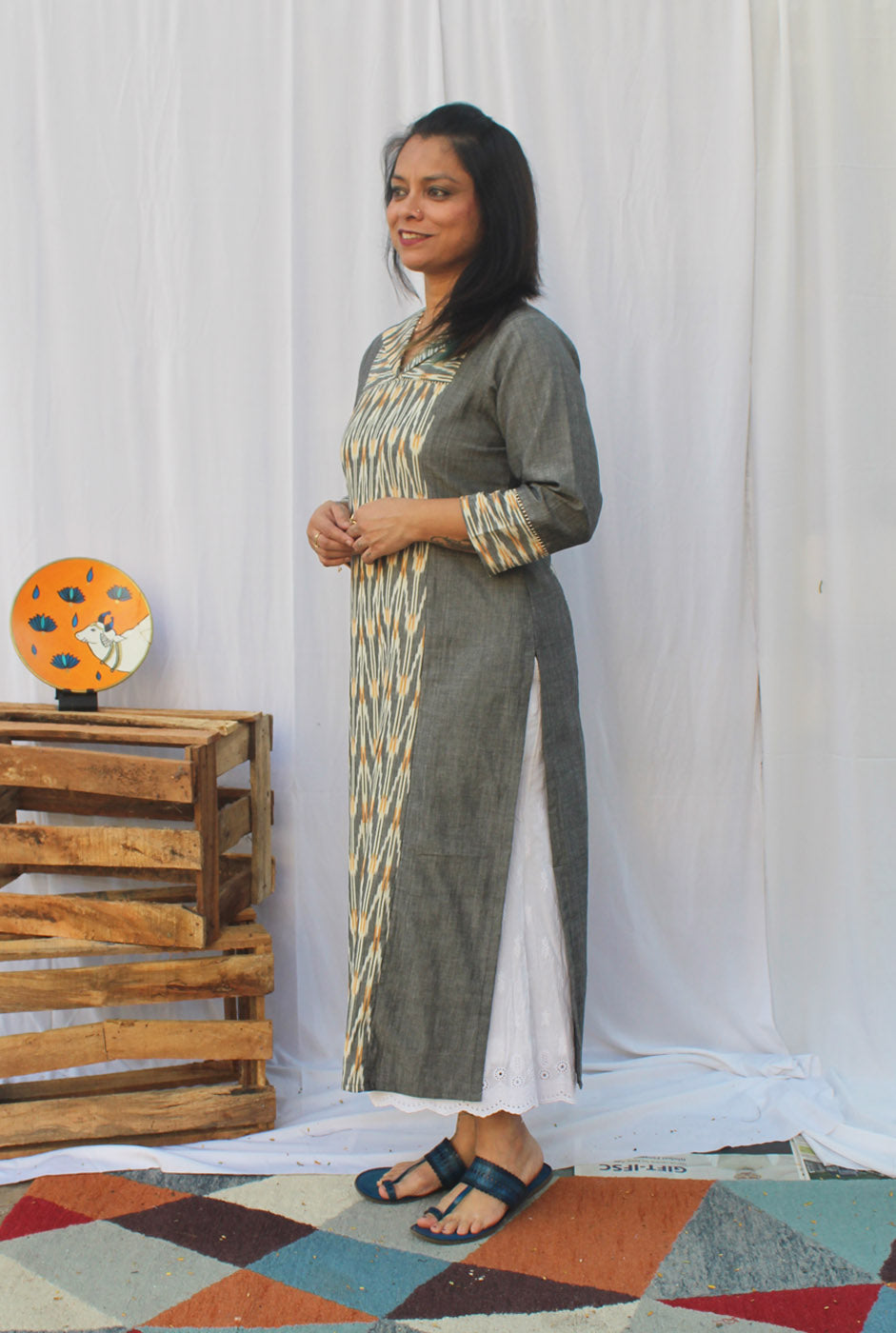 Grey Premium Handloom kurti With Exclusive Ikat Panel