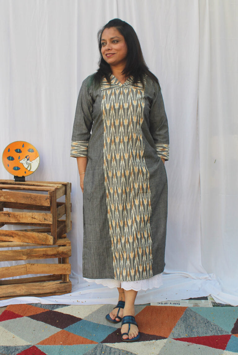 Grey Premium Handloom kurti With Exclusive Ikat Panel