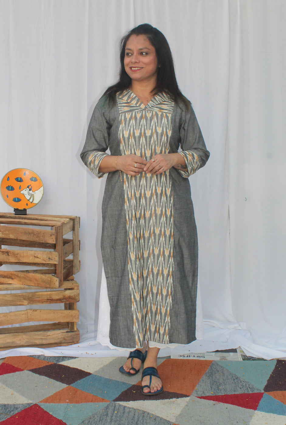 Grey Premium Handloom kurti With Exclusive Ikat Panel