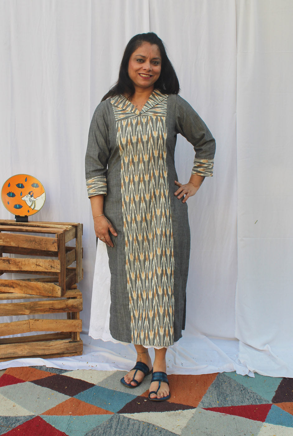 Grey Premium Handloom kurti With Exclusive Ikat Panel