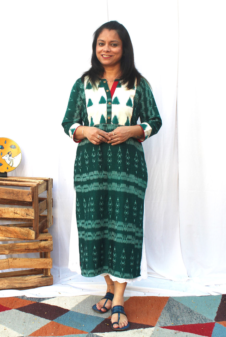 Green Exclusive Ikat kurti With Double Ikat Yoke