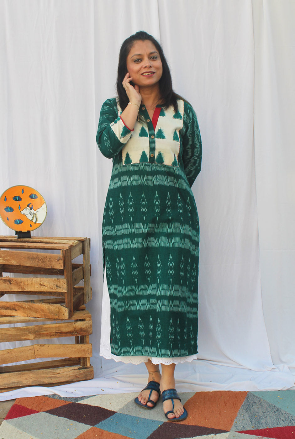 Green Exclusive Ikat kurti With Double Ikat Yoke