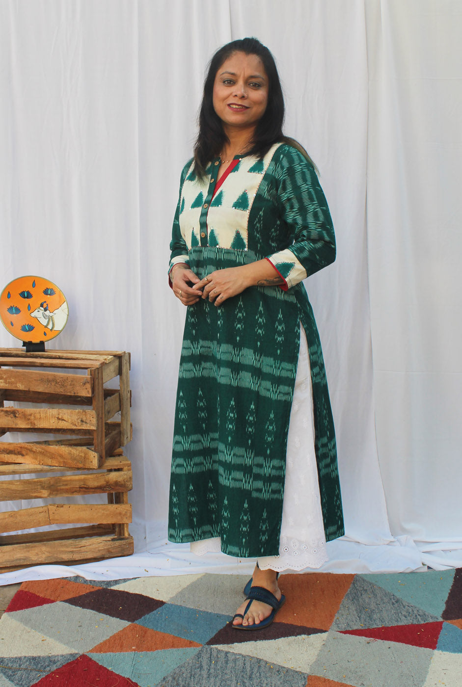 Green Exclusive Ikat kurti With Double Ikat Yoke