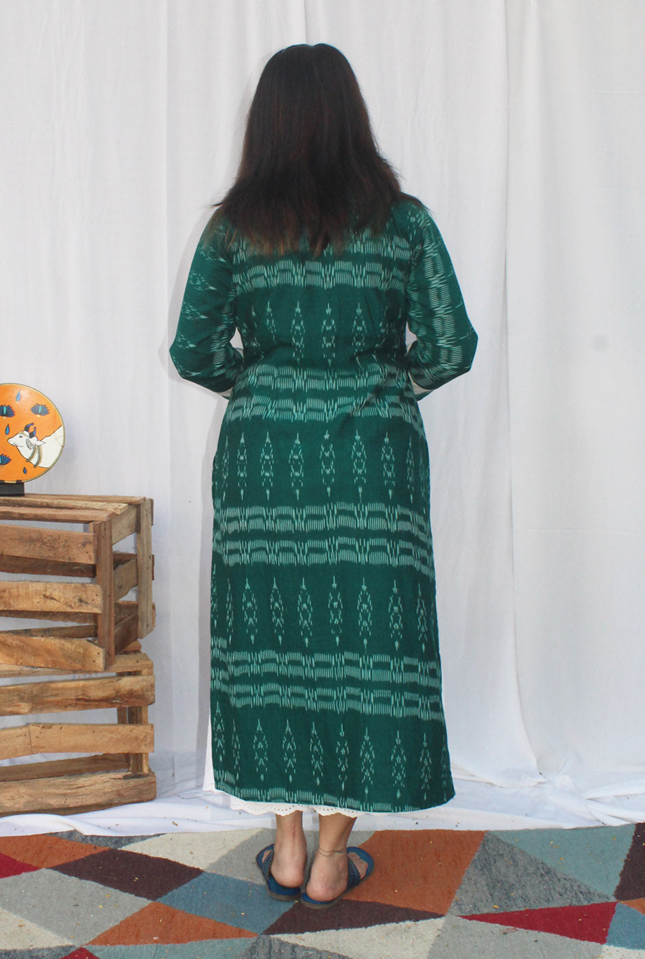 Green Exclusive Ikat kurti With Double Ikat Yoke