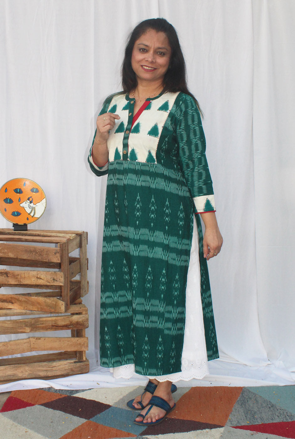 Green Exclusive Ikat kurti With Double Ikat Yoke