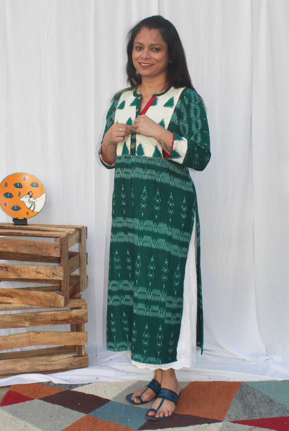 Green Exclusive Ikat kurti With Double Ikat Yoke