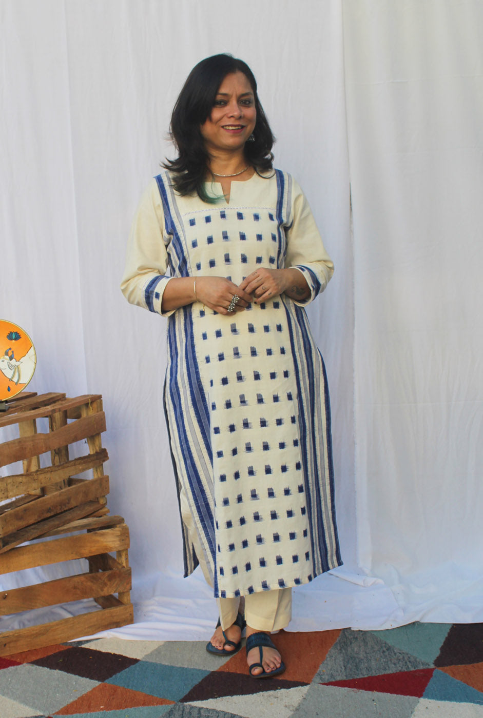 White & Blue Double Ikat Kurti