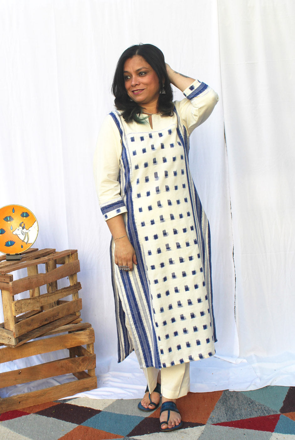 White & Blue Double Ikat Kurti