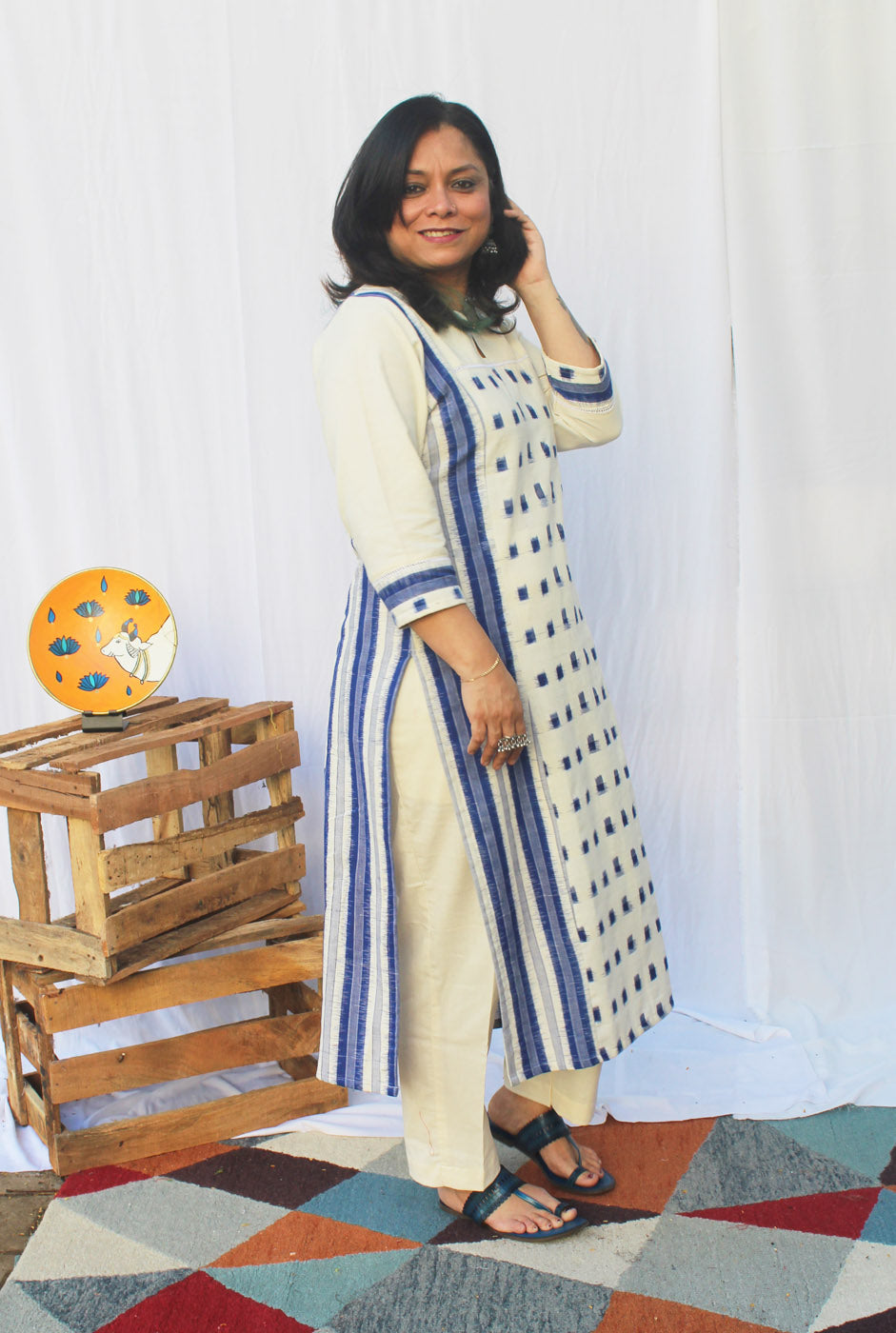 White & Blue Double Ikat Kurti