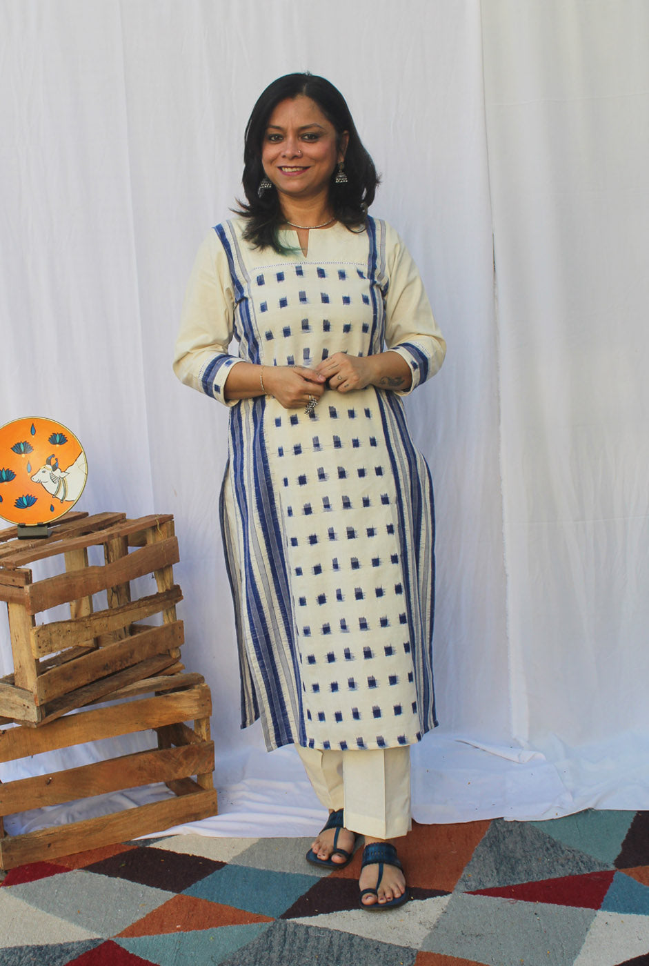 White & Blue Double Ikat Kurti