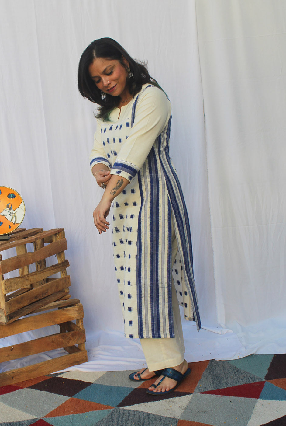 White & Blue Double Ikat Kurti