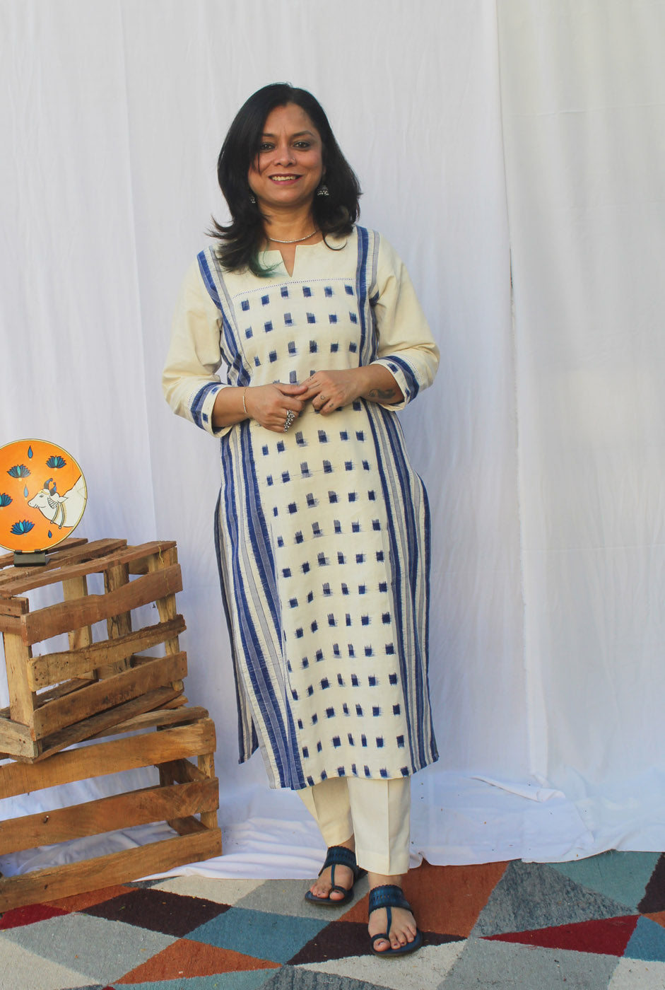 White & Blue Double Ikat Kurti