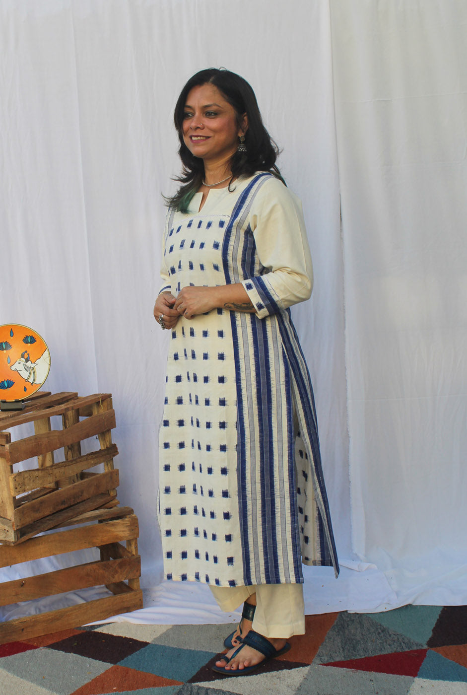 White & Blue Double Ikat Kurti