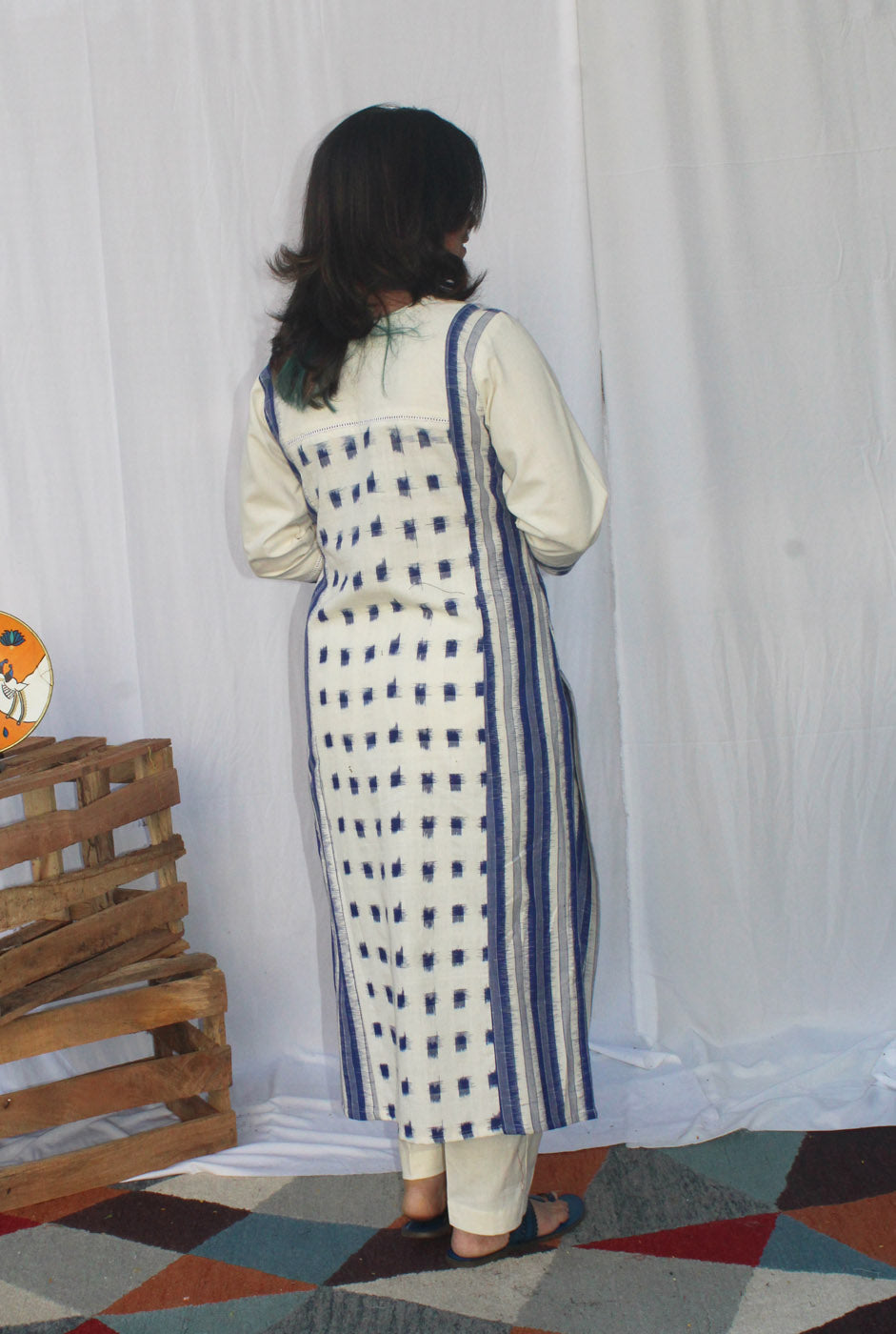 White & Blue Double Ikat Kurti