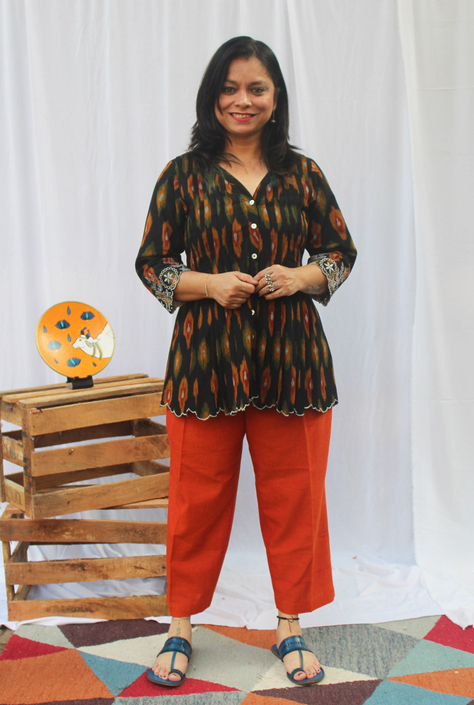 Exclusive Ikat Short Top with Embroidery