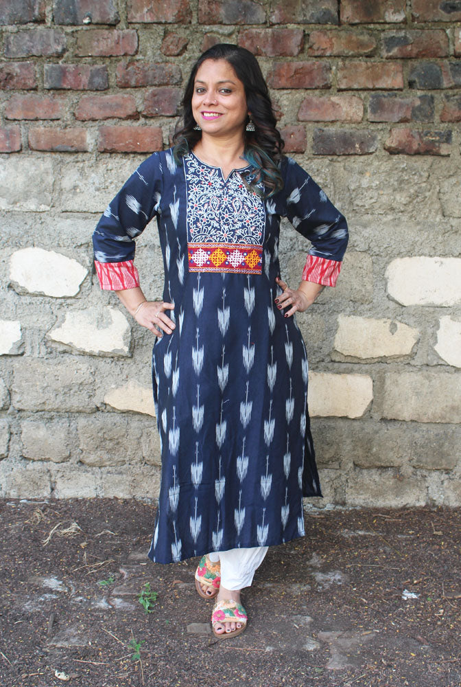 Blue Straight Cut Kurti With Hand Work