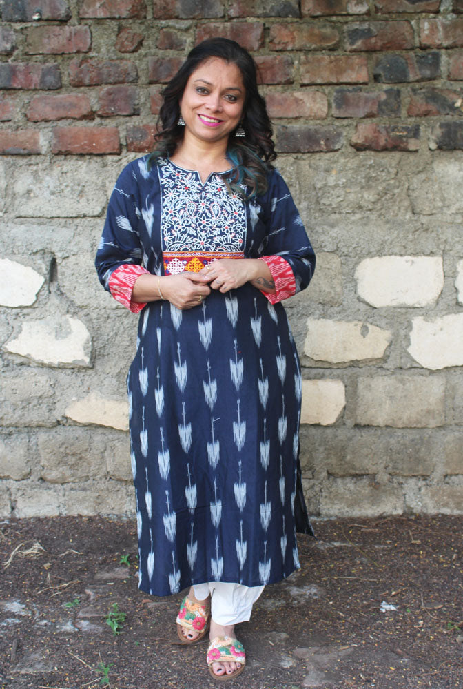 Blue Straight Cut Kurti With Hand Work