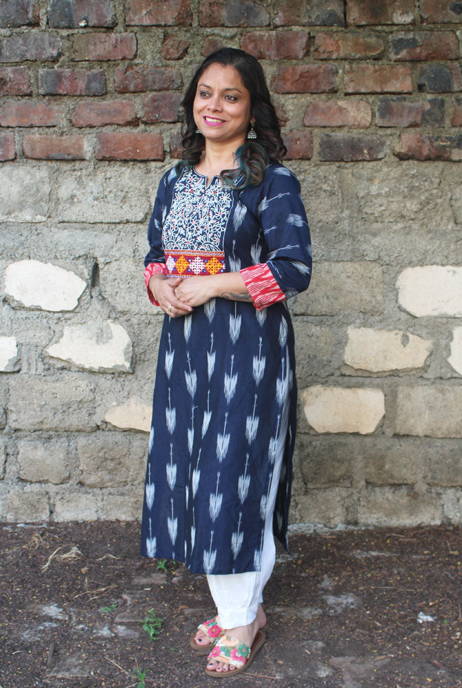 Blue Straight Cut Kurti With Hand Work