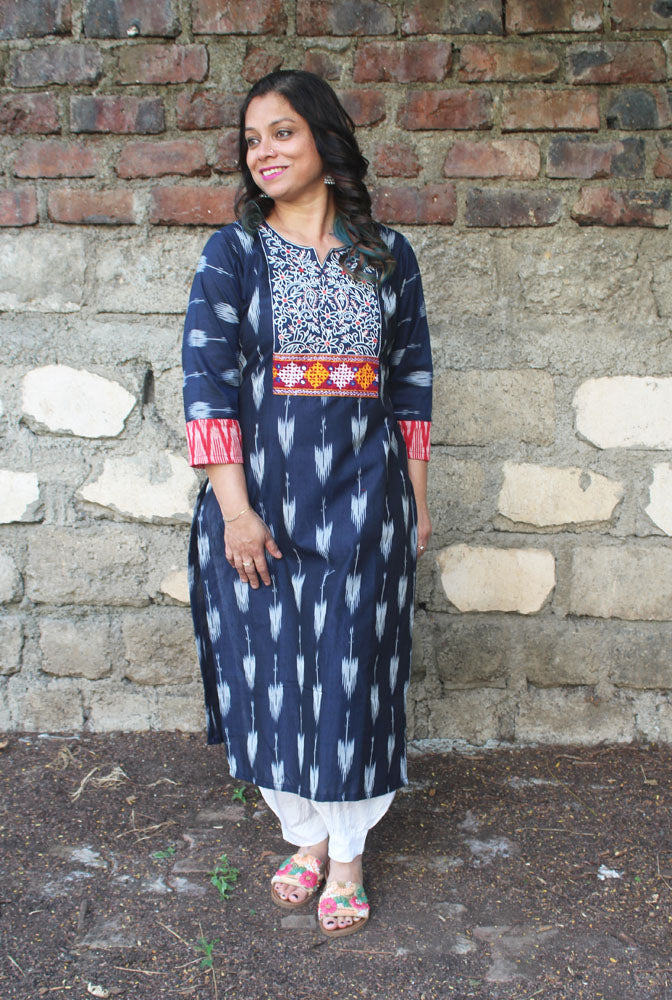 Blue Straight Cut Kurti With Hand Work