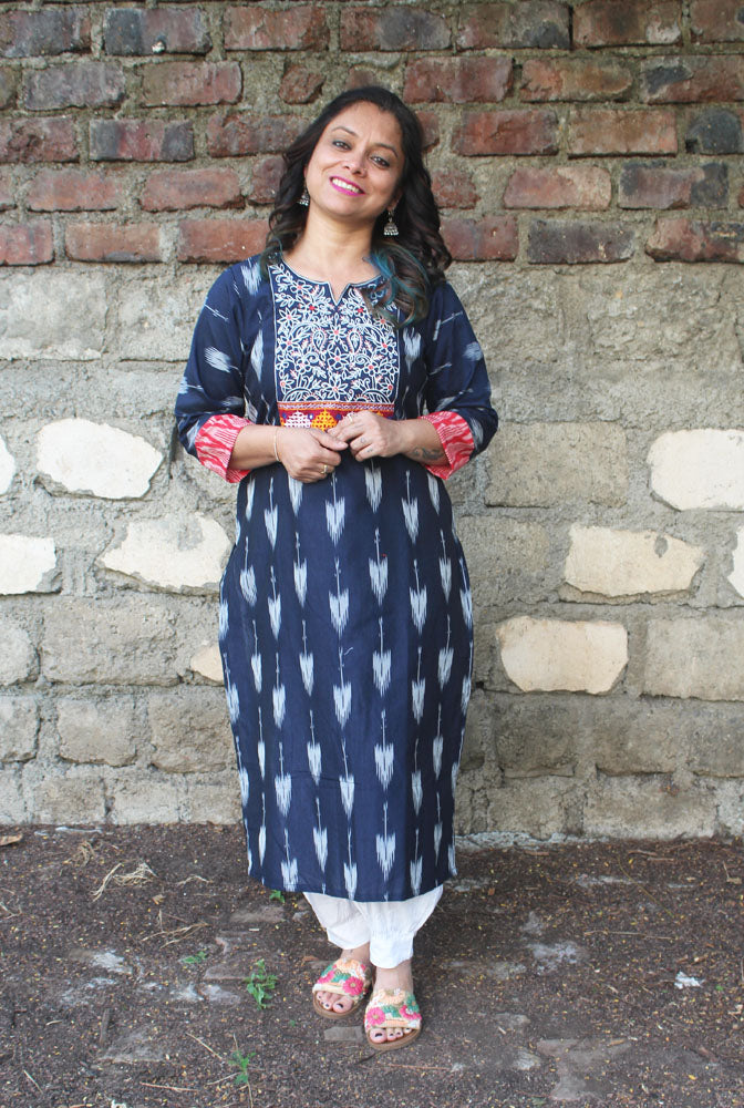 Blue Straight Cut Kurti With Hand Work
