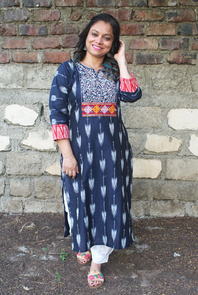 Blue Straight Cut Kurti With Hand Work