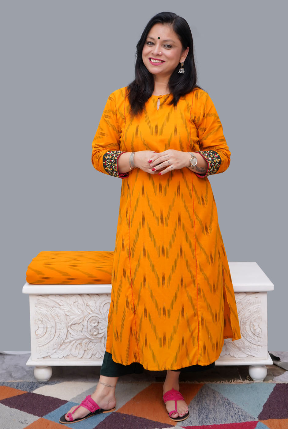 Exclusive Ikat Straight Fit Close Neck Yellow Kurti
