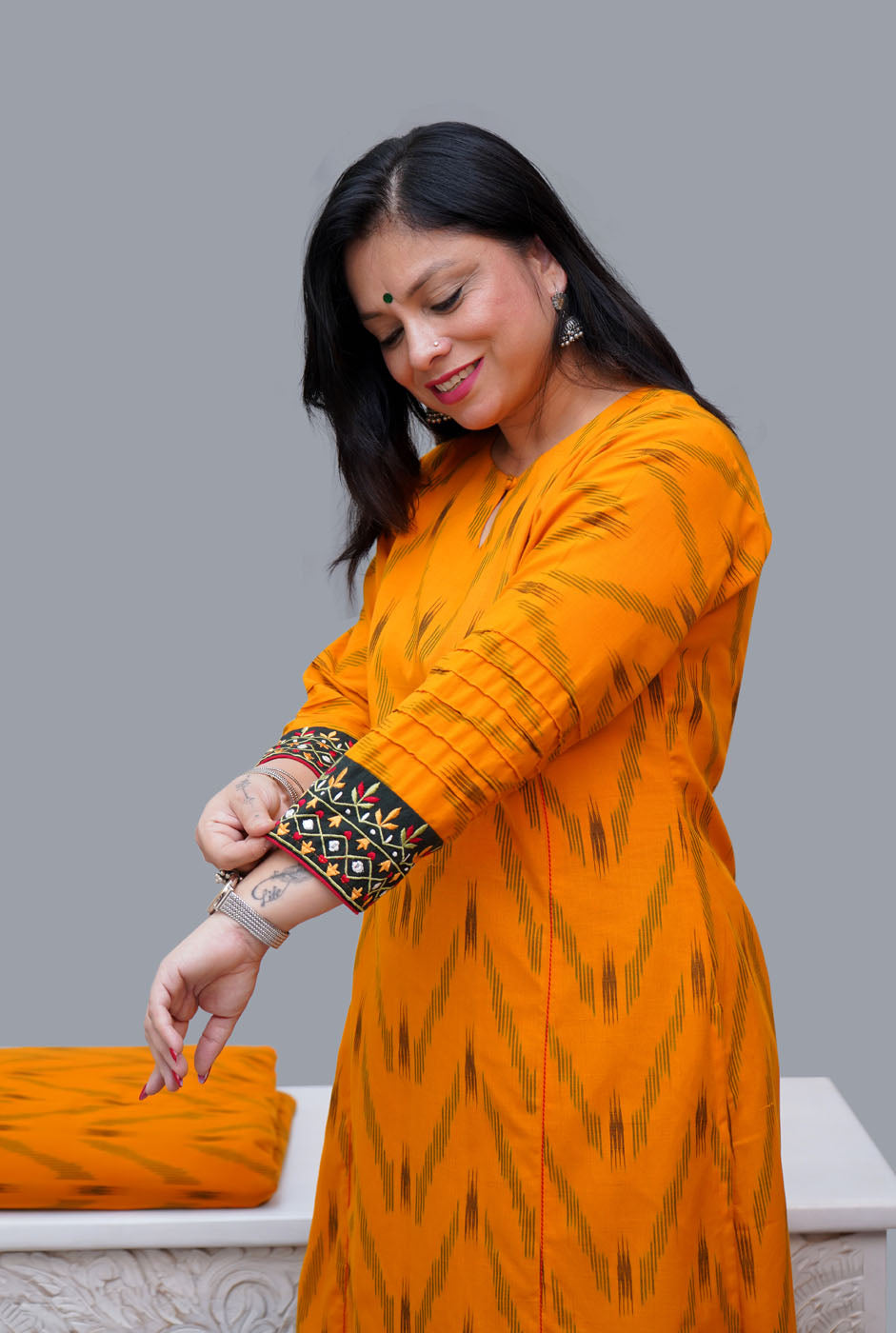 Exclusive Ikat Straight Fit Close Neck Yellow Kurti
