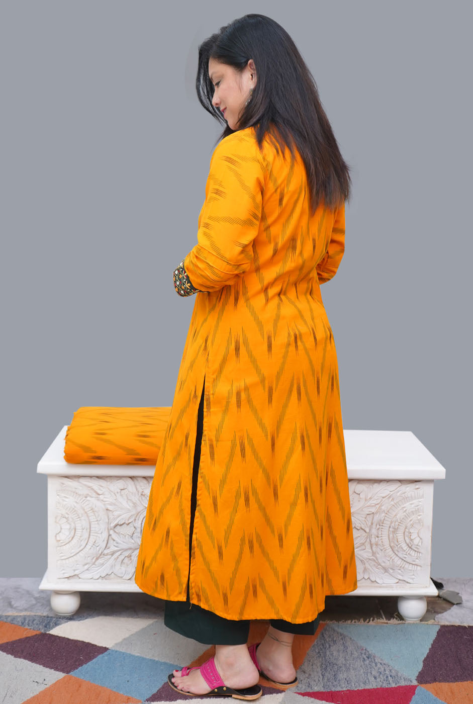 Exclusive Ikat Straight Fit Close Neck Yellow Kurti