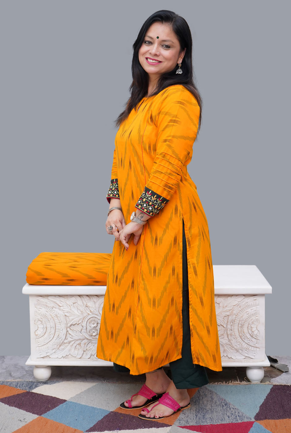 Exclusive Ikat Straight Fit Close Neck Yellow Kurti