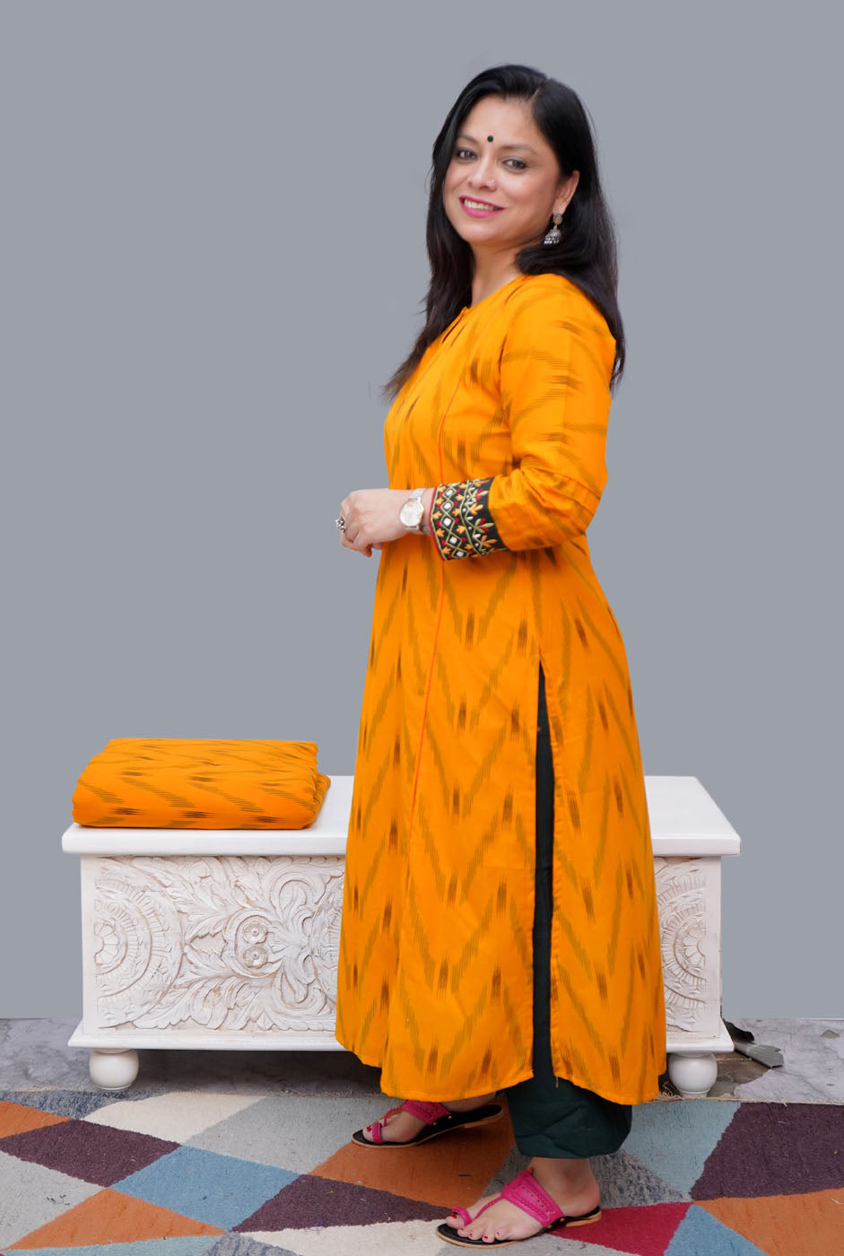 Exclusive Ikat Straight Fit Close Neck Yellow Kurti