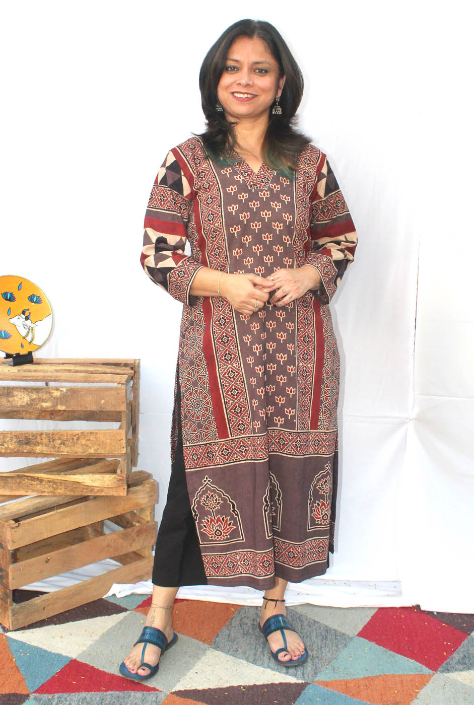 Straight Cut Designer Ajrakh Kurti (H)